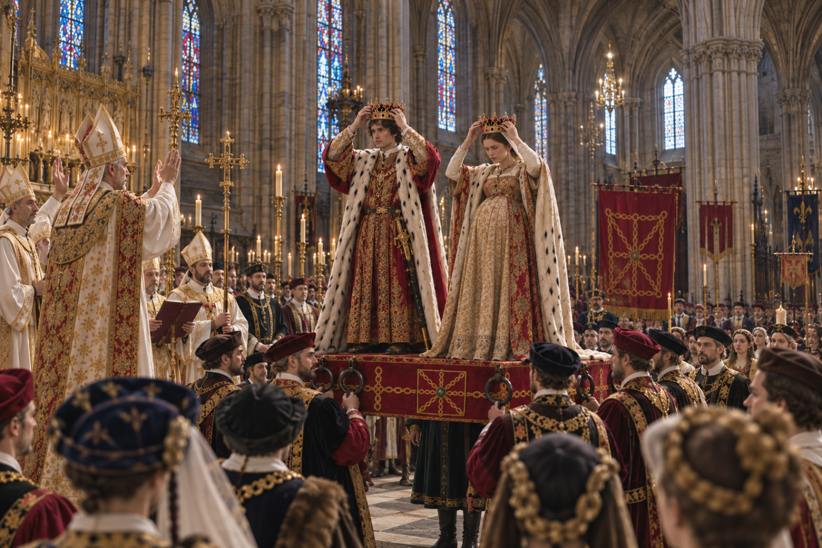 Recreación con IA de la coronación de Juan III de Albret y Catalina de Foix el 12 de enero de 1494 en la catedral de Pamplona