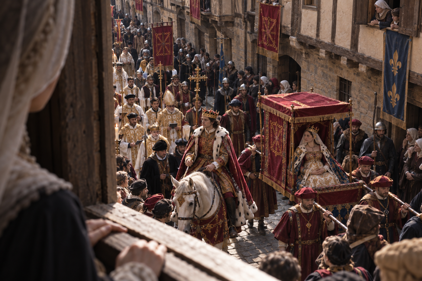 Recreación con IA del desfile de los reyes por las calles de Pamplona tras la ceremonia de cornonación