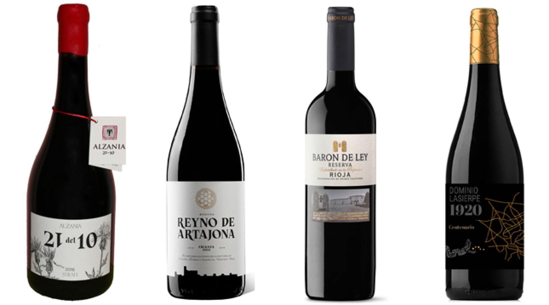 De izda a dcha, Alzania 21 Del 10, Reyno de Artajona Crianza, Barón de Ley Reserva y Dominio Lasierpe Centenario 1920