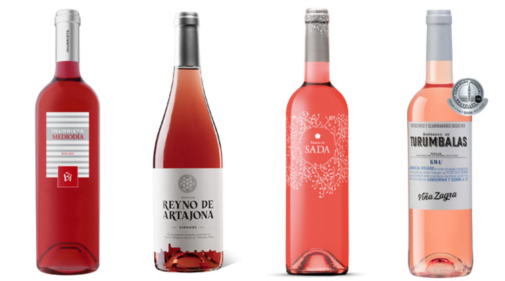 De izda a dcha, Inurrieta Mediodía, Reyno de Artajona Rosado, Palacio de Sada Rosado Garnacha y Turumbalas Rosado 2025