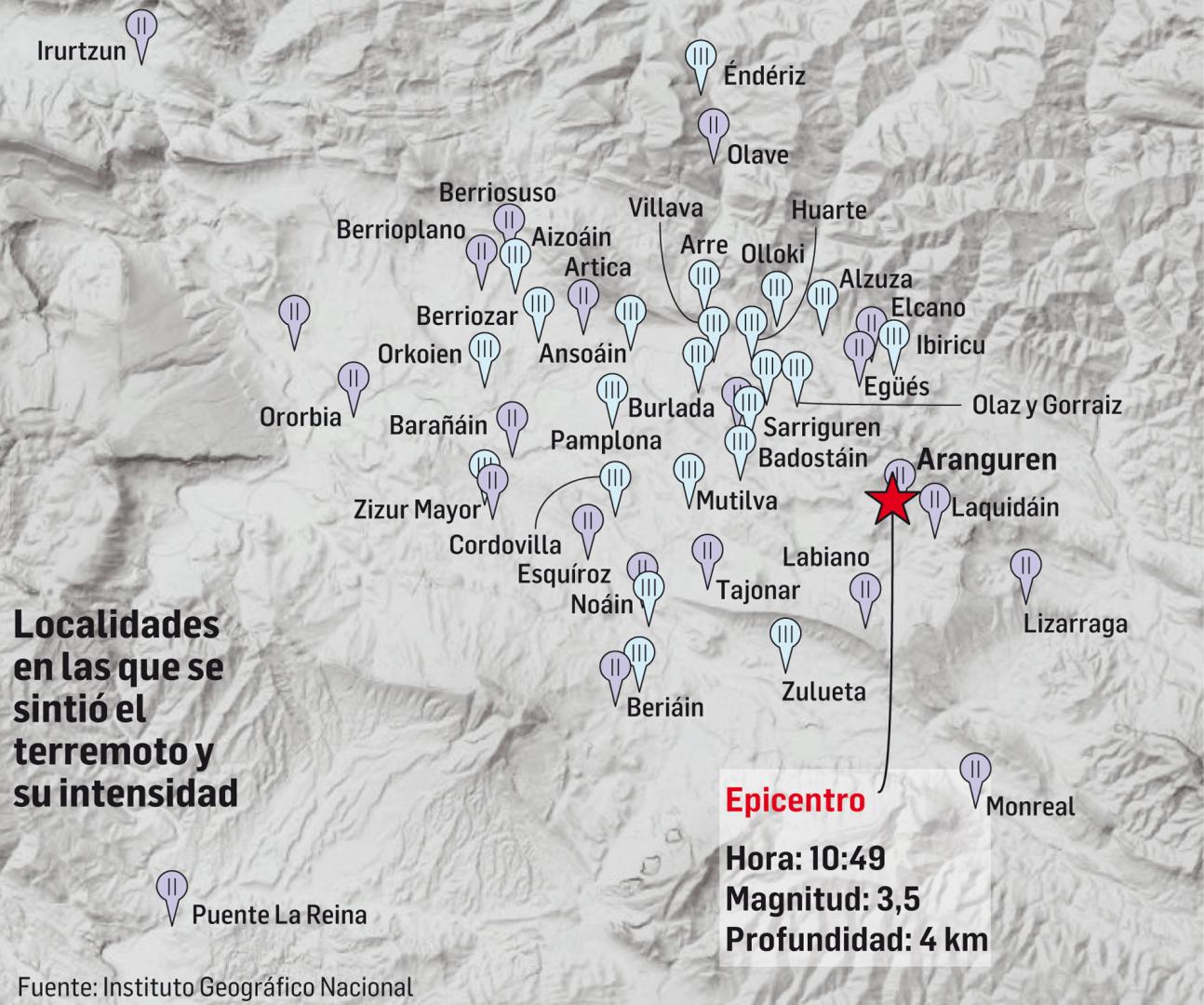 Localidades en las que se sintió el terremoto y su intensidad