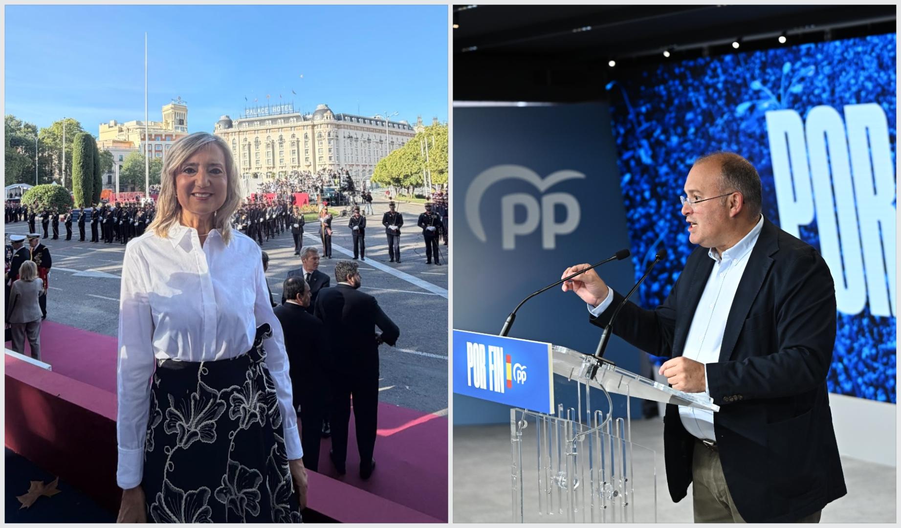 A la izquierda, Cristina Ibarrolla, en el lugar desde el que vio el desfile en Madrid del 12 de octubre (fotografía de sus redes sociales), y a la derecha, Miguel Tellado, en una rueda de prensa que dio en la sede del PP, fotografía de Efe.