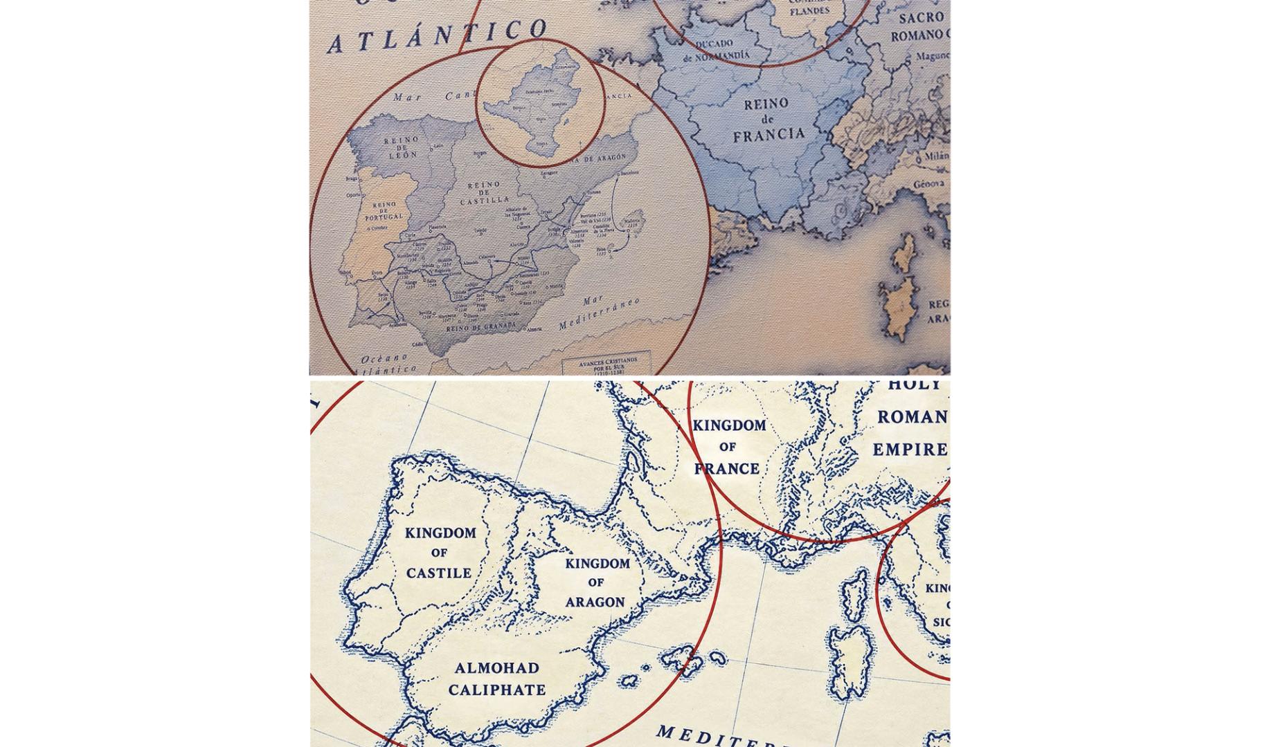 En la parte superior, imagen del nuevo mapa de la exposición con la inclusión del Reino de Navarra. Debajo, detalle del mapa original de la muestra, en la que no aparecía el Reino de Navarra