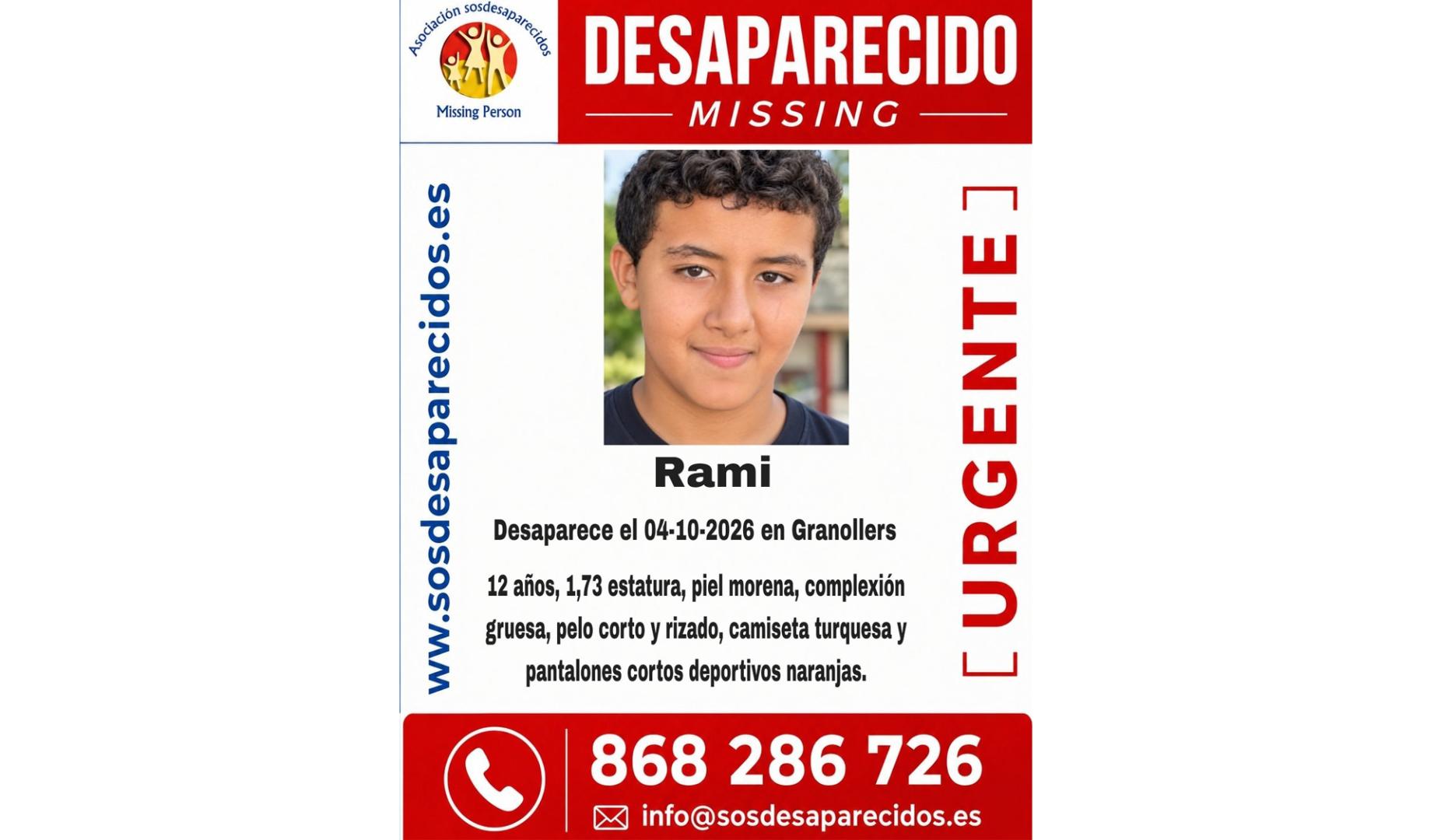 Rami, un menor de 12 años con autismo desaparecido el domingo 4 de octubre en Granollers (Barcelona)