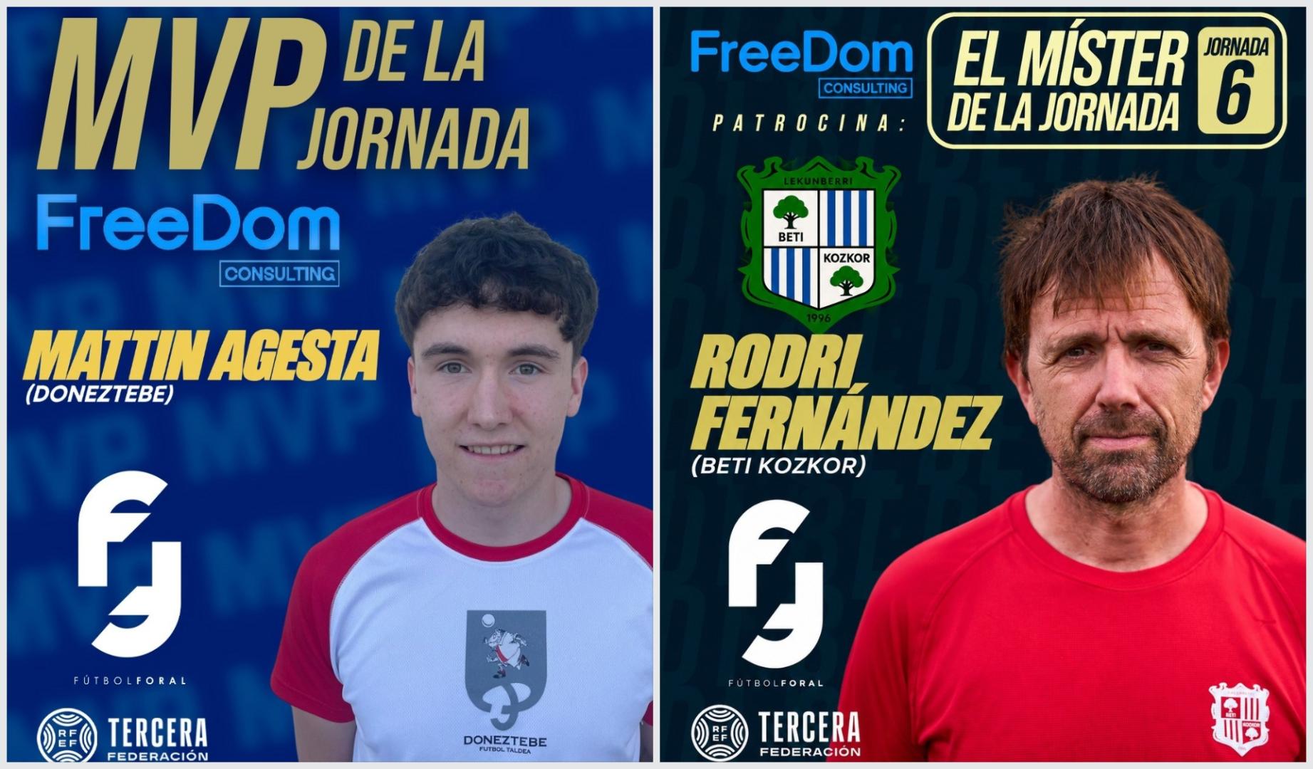 Mattin Agesta, defensor del Doneztebe, y Rodri Fernández, técnico del Beti Kozkor, MVP de la Jornada 6 de Tercera división