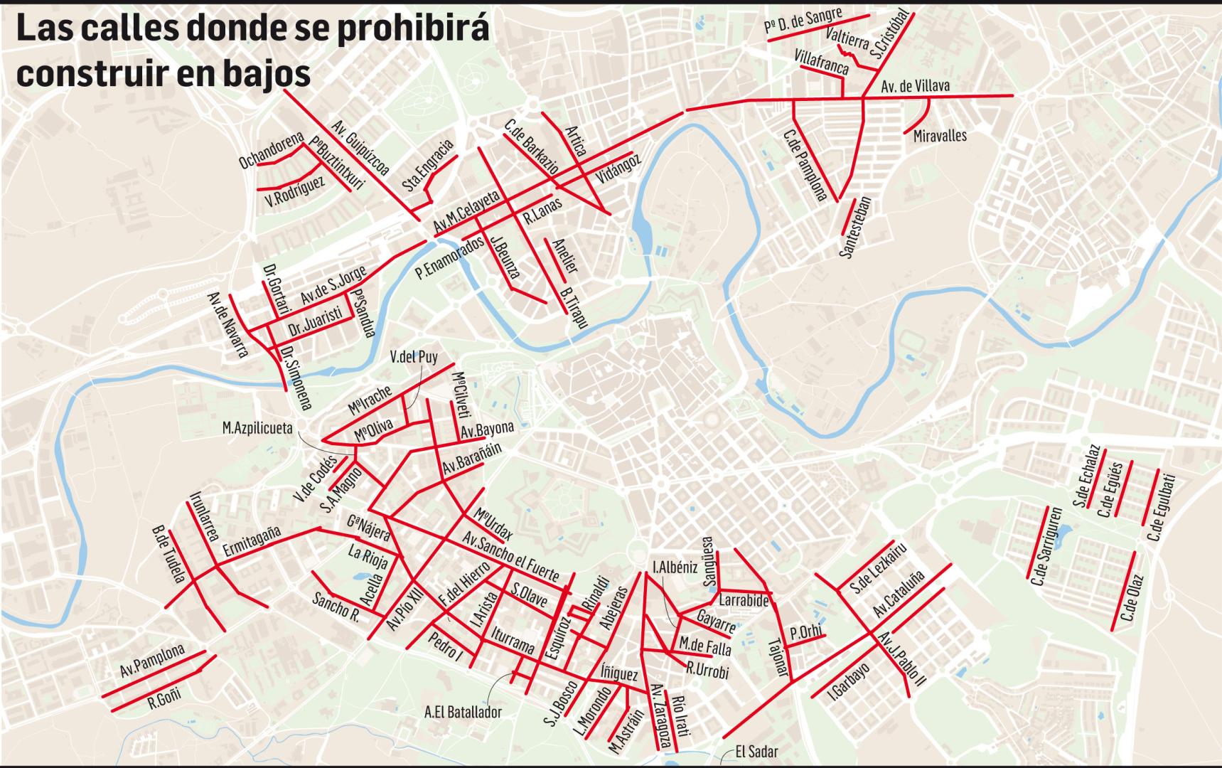 Calles en las que se prohibirá construir en bajos
