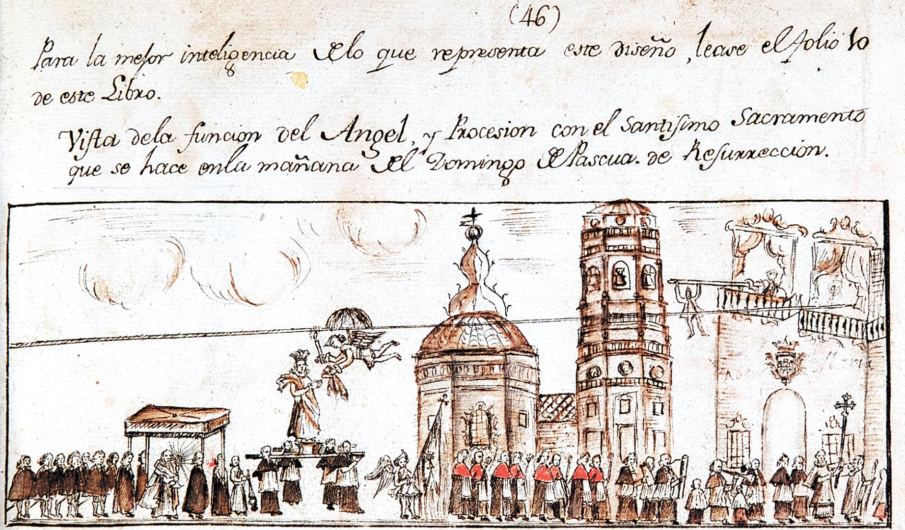 Dibujo de la Procesión de la Bajada del Ángel en Tudela con los balcones de la Casa Consistorial, por Juan Antonio Fernández, c. 1787.