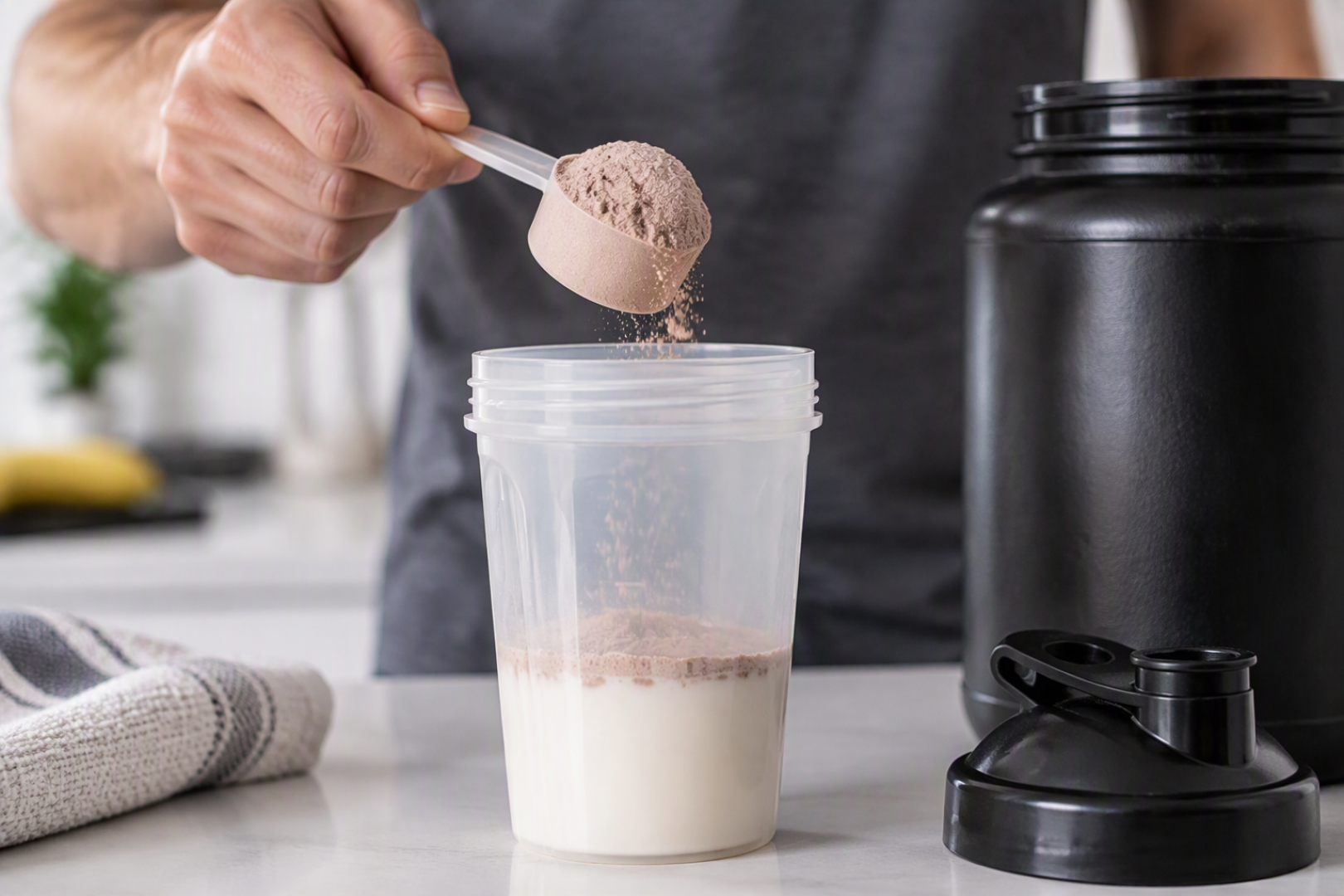 Un hombre prepara un batido de proteínas
