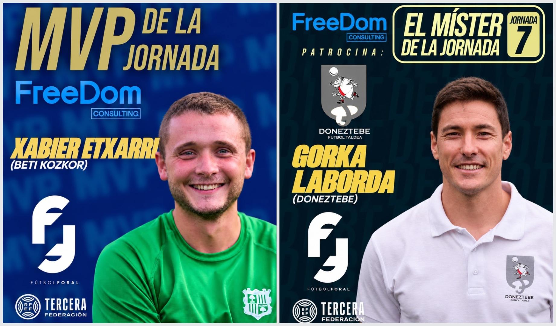 Xabier Etxarri, del Beti Kozkor, y el entrenador del Doneztebe Gorka Laborda, MVP de la Jornada 7 de la Tercera RFEF navarra