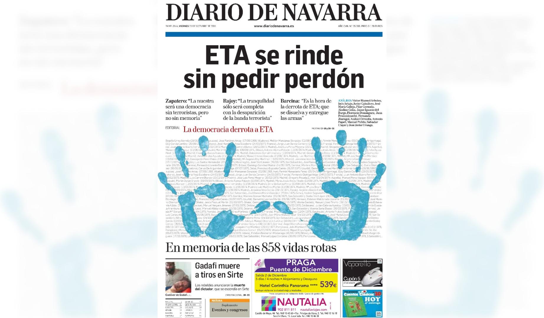 Portada de Diario de Navarra del 21 de octubre de 2011 con el anuncio de la banda terrorista ETA