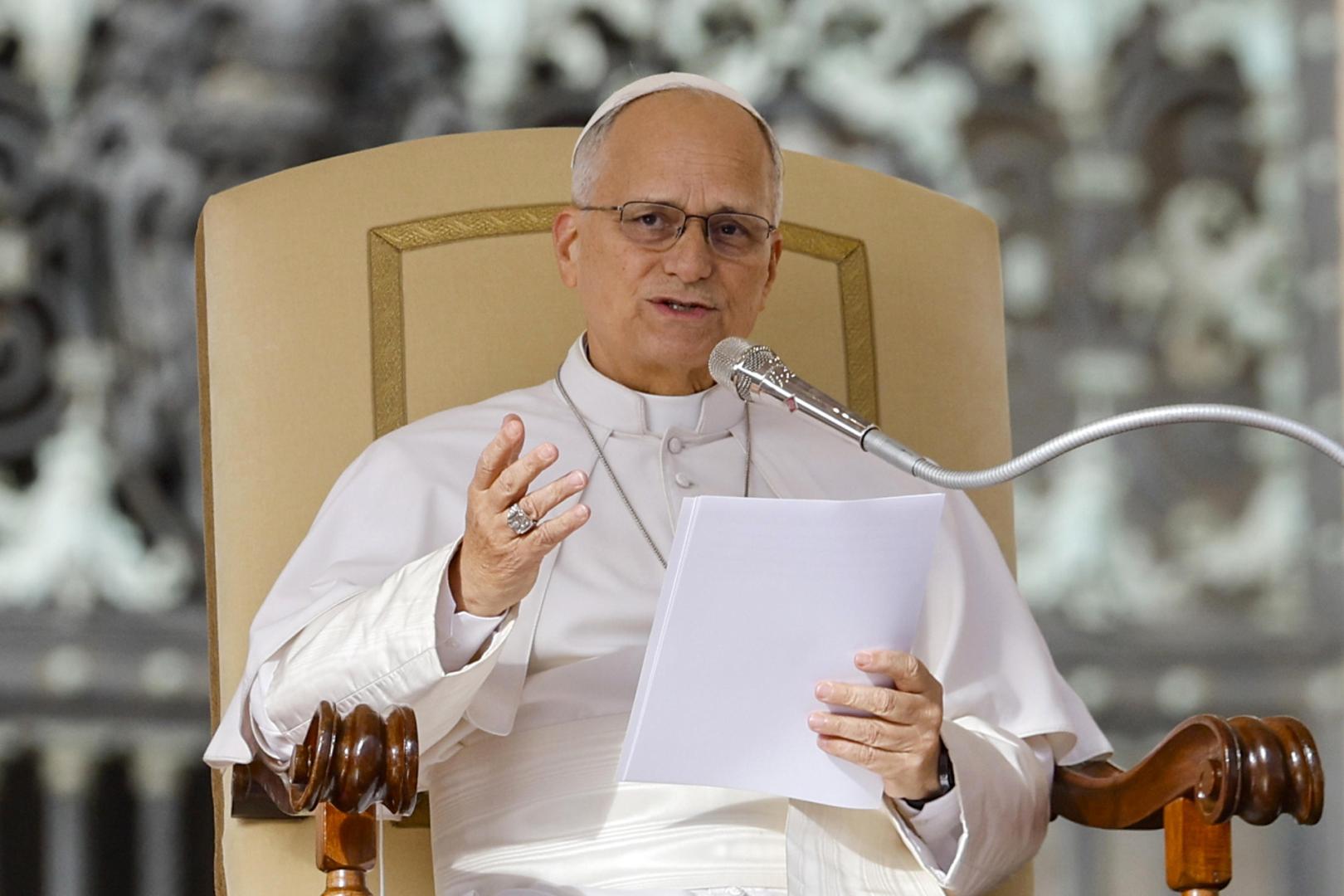 El papa León XIV, este miércoles 21 de octubre en su primera audiencia general tras la operación
