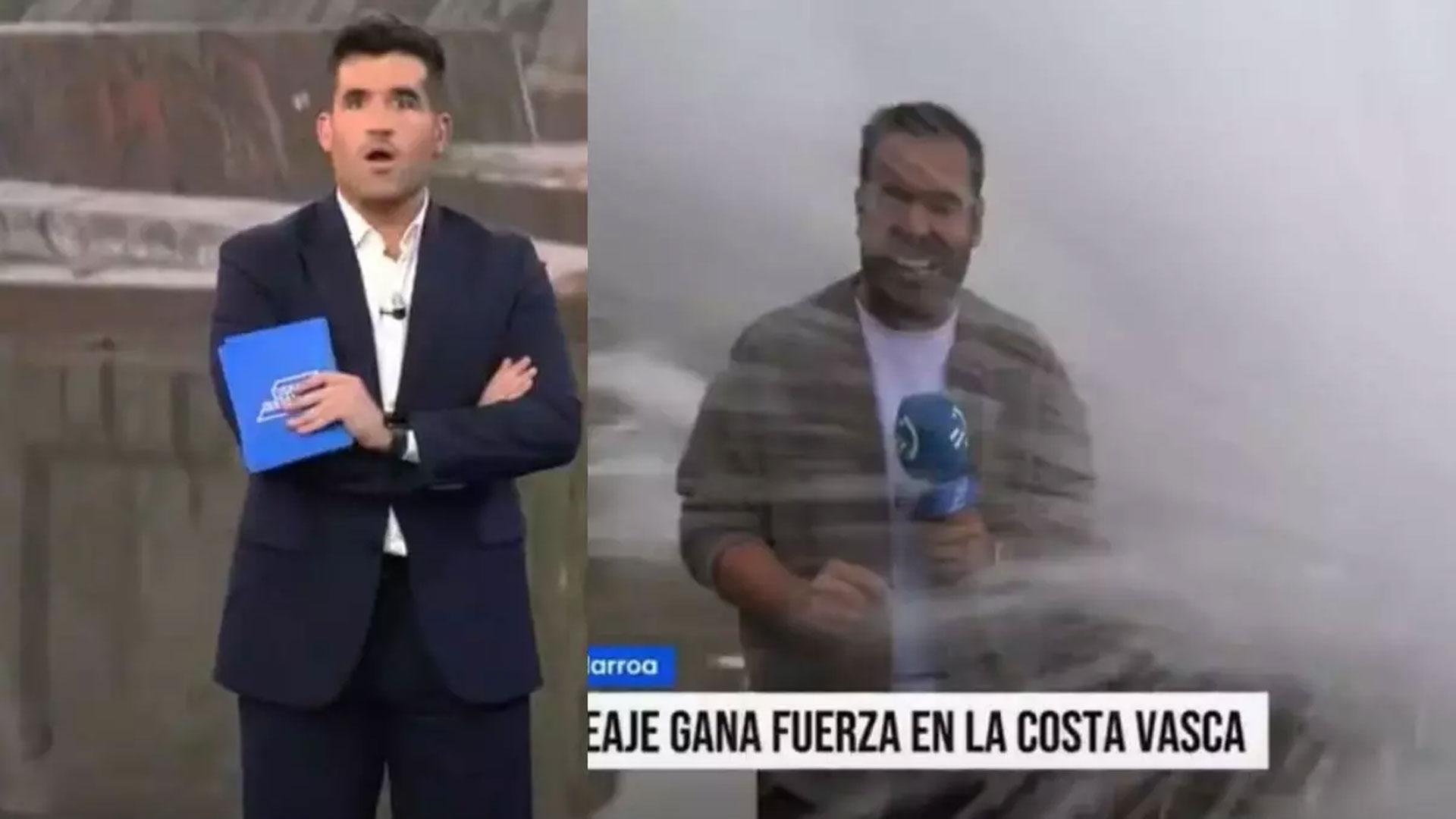 Momento en el que una ola ha engullido al reportero Sergio Ovejero mientras realizaba un reportaje en directo con el programa 'Euskadi Quédate'