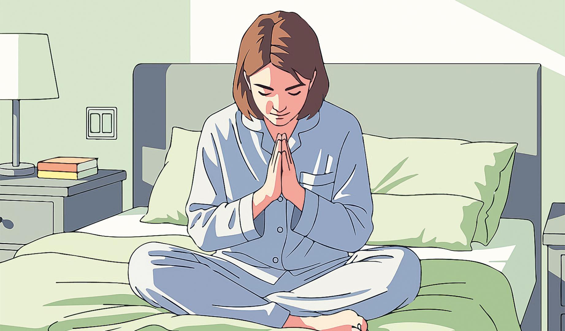 Ilustración de una joven rezando en la cama