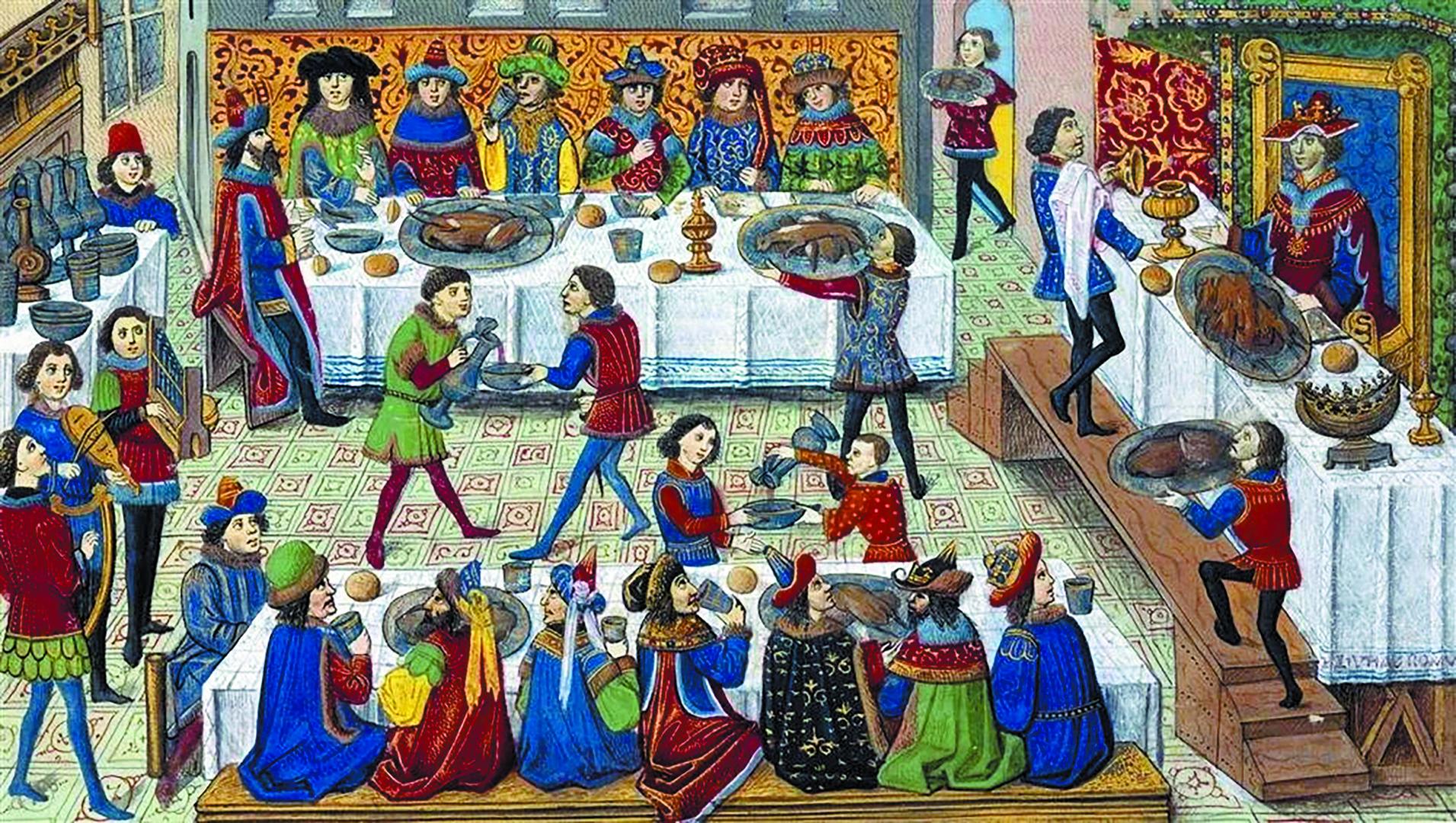 Imagen banquete medieval coronacion Juan de Aragon 1414. Las ceremonias de la Corte navarra serían similares a esta en alimentos y disposición del espacio.