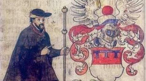 Arnold von Harff, un vividor renano en el Camino Von Harff con modesto hábito de peregrino y sombrero de ala ancha, representado con su escudo en la dedicatoria de su obra.