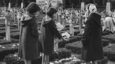 Niñas cementerio Pamplona Tres niñas rodean una tumba en el cementerio de Pamplona en la festividad de Todos los Santos de 1959