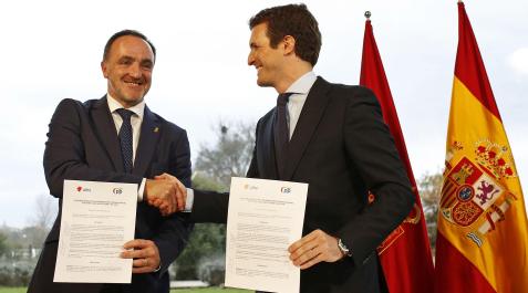NaSuma 6 DE MARZO DE 2019, UPN+PP Javier Esparza y el entonces presidente nacional del PP, Pablo Casado, sellando el acuerdo entre ambos partidos para ir juntos a las elecciones.