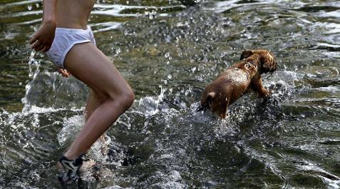 La ola de calor se deja notar en toda España_7 Niños y mayores se bañan en el río Arga a su paso por Pamplona.