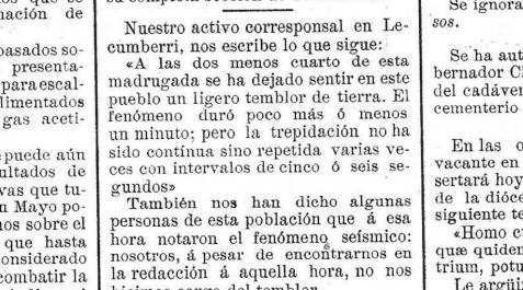 Recorte de una de las noticias de Diario de Navarra que hizo referencia al terremoto en 1903. Recorte de una de las noticias de Diario de Navarra que hizo referencia al terremoto en 1903.