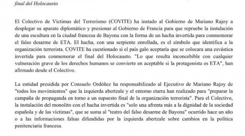 Víctimas del terrorismo critican el monolito que recuerda el desarme en Bayona Víctimas del terrorismo critican el monolito que recuerda el desarme en Bayona