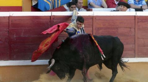 Jesulín de Ubrique recibe pegado a tablas a Mágico, primer toro de la tarde. Jesulín de Ubrique recibe pegado a tablas a Mágico, primer toro de la tarde.