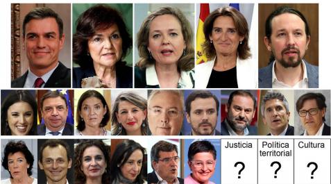 Izda a dcha: Sánchez, Calvo, Nadia Calviño, Teresa Ribera, Pablo Iglesias, Grande-Marlaska, Ábalos, Irene Montero, Planas, Maroto, Yolanda Díaz, Castells, Garzón, Illa, Celáa, Pedro Duque, María Jesús Montero, Margarita Robles, Escrivá y González Laya. Izda a dcha: Sánchez, Calvo, Nadia Calviño, Teresa Ribera, Pablo Iglesias, Grande-Marlaska, Ábalos, Irene Montero, Planas, Maroto, Yolanda Díaz, Castells, Garzón, Illa, Celáa, Pedro Duque, María Jesús Montero, Margarita Robles, Escrivá y González Laya.