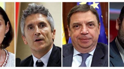 De izquierda a derecha, Reyes Maroto estará al frente del Ministerio de Industria; Fernando Grande-Marlaska en Interior; Luis Planas se mantiene en el Ministerio de Agricultura, Pesca y Alimentación; y José Luis Ábalos estará al frente de Transporte, Movilidad y Agenda Urbana, según han informado a Efe fuentes del Ejecutivo este viernes. De izquierda a derecha, Reyes Maroto estará al frente del Ministerio de Industria; Fernando Grande-Marlaska en Interior; Luis Planas se mantiene en el Ministerio de Agricultura, Pesca y Alimentación; y José Luis Ábalos estará al frente de Transporte, Movilidad y Agenda Urbana, según han informado a Efe fuentes del Ejecutivo este viernes.