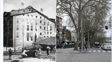 A la izquierda, imagen tomada con motivo del derribo del tramo de la muralla de Tejería; a la derecha, el edificio en la esquina de Estafeta con Labrit, obra de Serapio Esparza, en la actualidad. A la izquierda, imagen tomada con motivo del derribo del tramo de la muralla de Tejería; a la derecha, el edificio en la esquina de Estafeta con Labrit, obra de Serapio Esparza, en la actualidad.