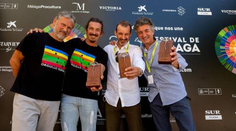 El cocinero Santi Cordón, su amigo, el permacultor malagueño Alberto Marín, Rafael García, productor de 'Basajaun' y Patxi Uriz, director de 'Quijotes y semillas'.
