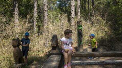 Unos niños disfrutan de las figuras y tallas que hay en el Bosque Animado de Ilundain. Un destino ideal para poder pasear y disfrutar de la naturaleza en familia Unos niños disfrutan de las figuras y tallas que hay en el Bosque Animado de Ilundain. Un destino ideal para poder pasear y disfrutar de la naturaleza en familia