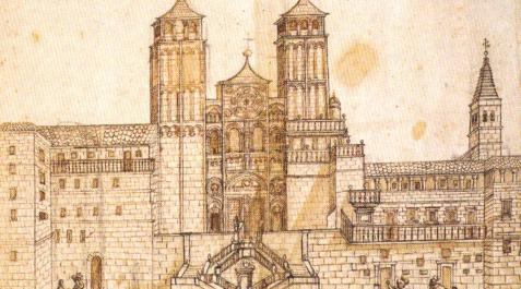 Exterior de la catedral de Santiago en el siglo XVII. Dibujo de Vega y Verdugo