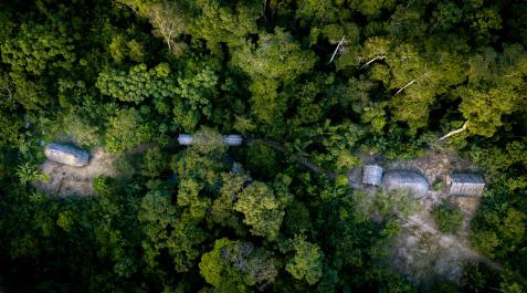 genocidio Vista aérea de una comunidad indígena en la selva amazónica