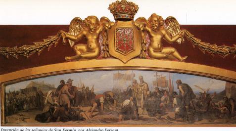 El hallazgo de las reliquias reflejado en esta pintura del Salón del Trono del Palacio de Navarra El hallazgo de las reliquias reflejado en esta pintura del Salón del Trono del Palacio de Navarra