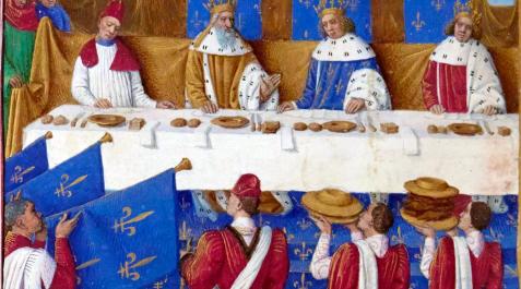 Banquete en la corte del rey francés Carlos V en París en 1378. Ilustración de libros de Jean Fouquet, de mediados del siglo XV. Banquete en la corte del rey francés Carlos V en París en 1378. Ilustración de libros de Jean Fouquet, de mediados del siglo XV.