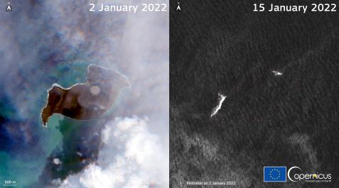 Imagen de satélite de la isla de Tonga antes y después de la erupción Imagen de satélite de la isla de Tonga antes y después de la erupción