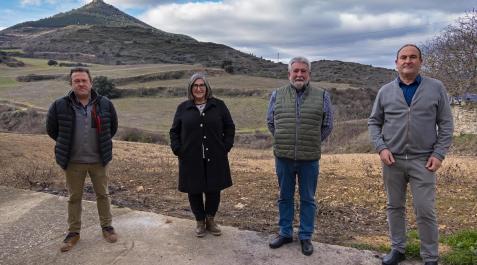 Los alcaldes Eugenio Barbarin, Carmen Puerta, Aurelio Pardo y José Ignacio Urra, en Ázqueta con Villamayor y el castillo al fondo