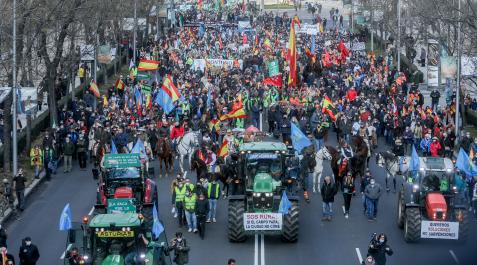 manifestación campo madrid Personas a caballo con banderas de España, tractores y manifestantes en la movilización en defensa del campo y del mundo rural y la futura Ley de Protección Animal, en el Paseo de la Castellana