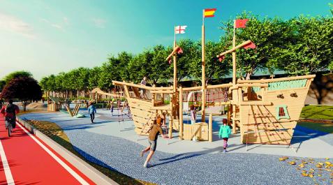 Recreación del futuro parque infantil, con un gran barco Recreación del futuro parque infantil, con un gran barco