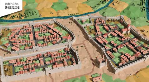 Ilustración de Iker Ibero recogida en el libro, que recrea los tres burgos de Pamplona, el de San Nicolás (1), en primer término; el de San Cernin (2, arriba), y el de Navarrería (3). En el punto 4, se sitúa el castillo que da nombre a la Plaza del Castil Ilustración de Iker Ibero recogida en el libro, que recrea los tres burgos de Pamplona, el de San Nicolás (1), en primer término; el de San Cernin (2, arriba), y el de Navarrería (3). En el punto 4, se sitúa el castillo que da nombre a la Plaza del Castillo