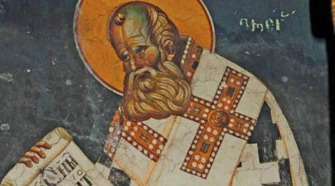 St._Athanasios_the_Great,_horizontal Fresco de San Atanasio el Grande en la Iglesia de Theotokos Peribleptos en Ohrid, Macedonia