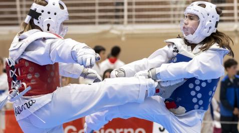 Taekwondo Dos taekwondistas pelean en Arrosadía durante las finales de los JDN