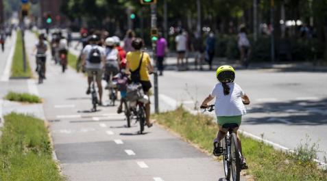 Ciclistas por un carril bici en Barcelona Ciclistas por un carril bici en Barcelona