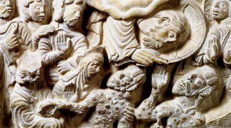 Detalle del Capitel de Job, conservado en el Museo de Navarra, en el que vemos dos imágenes del santo cubierto de llagas que pueden representar la viruela Capitel de Job