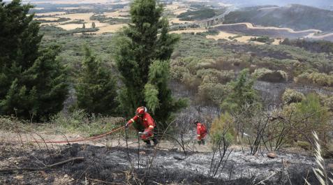 Fotos de los incendios en Navarra este lunes. Los bomberos trabajan en la extinción del incendio de la sierra del Perdón.