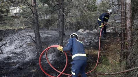 Dos bomberos con la manguera para ir sofocando cualquier conato de fuego Dos bomberos con la manguera para ir sofocando cualquier conato de fuego