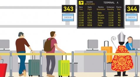 Ilustración de un aeropuerto, con San Fermín a la derecha Ilustración de un aeropuerto, con San Fermín a la derecha