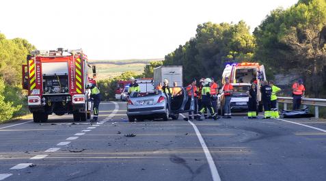 accidente caparroso Policías, bomberos y sanitarios, junto a uno de los turismos implicados en el accidente