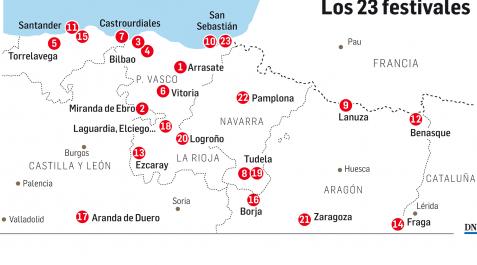 Festivales Mapa con la localización de los 23 fesivales próximos a Navarra