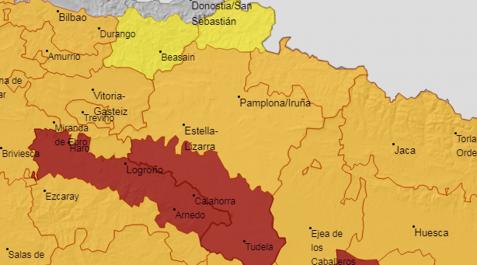 Mapa con los avisos rojos, naranjas y amarillos por altas temperaturas en Navarra para el día 16 a las 16 horas Mapa con los avisos rojo, naranja y amarillo por altas temperaturas en Navarra para el día 16 a las 16 horas