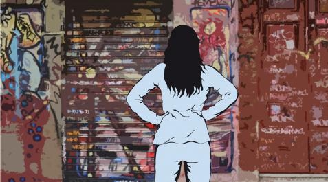 Ilustración de una fachada con grafitis y pintadas